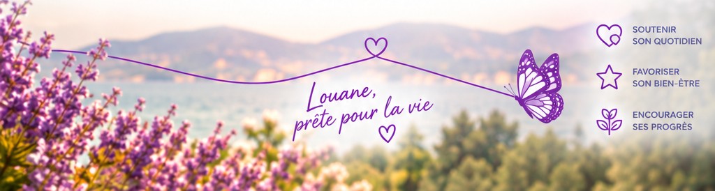 Champ de lavande et papillon : Louane, prête pour la vie. Soutenir son quotidien, favoriser son bien-être, encourager ses progrès.